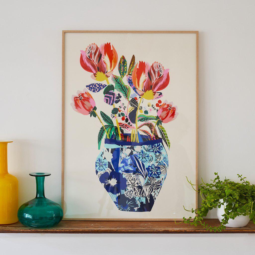 Blue China Vase limited edition fine art giclée print by Kitty McCall, featuring a vibrant bouquet of red flowers in a blue intricately patterned vase, perfect for adding elegance and a pop of colour to modern home decor.