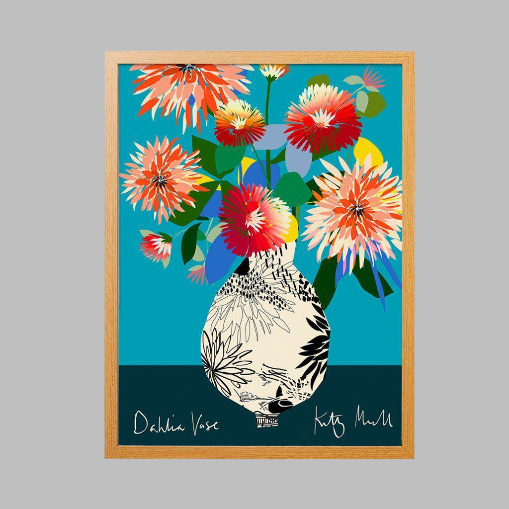 Dahlia Vase fine art giclée print exclusively by Kitty McCall, featuring a vibrant abstract design with bold geometric shapes and rich hues inspired by dahlia flowers, perfect for adding a contemporary artistic touch to home decor.