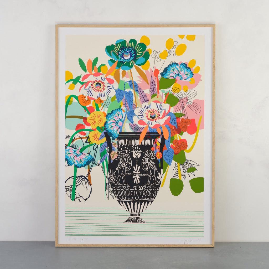 Etruscan Vase fine art giclée print by Kitty McCall, featuring a classical Etruscan-inspired vessel adorned with Catherine’s signature blooms and vibrant flora, blending ancient elegance with modern artistry for a timeless decor piece.