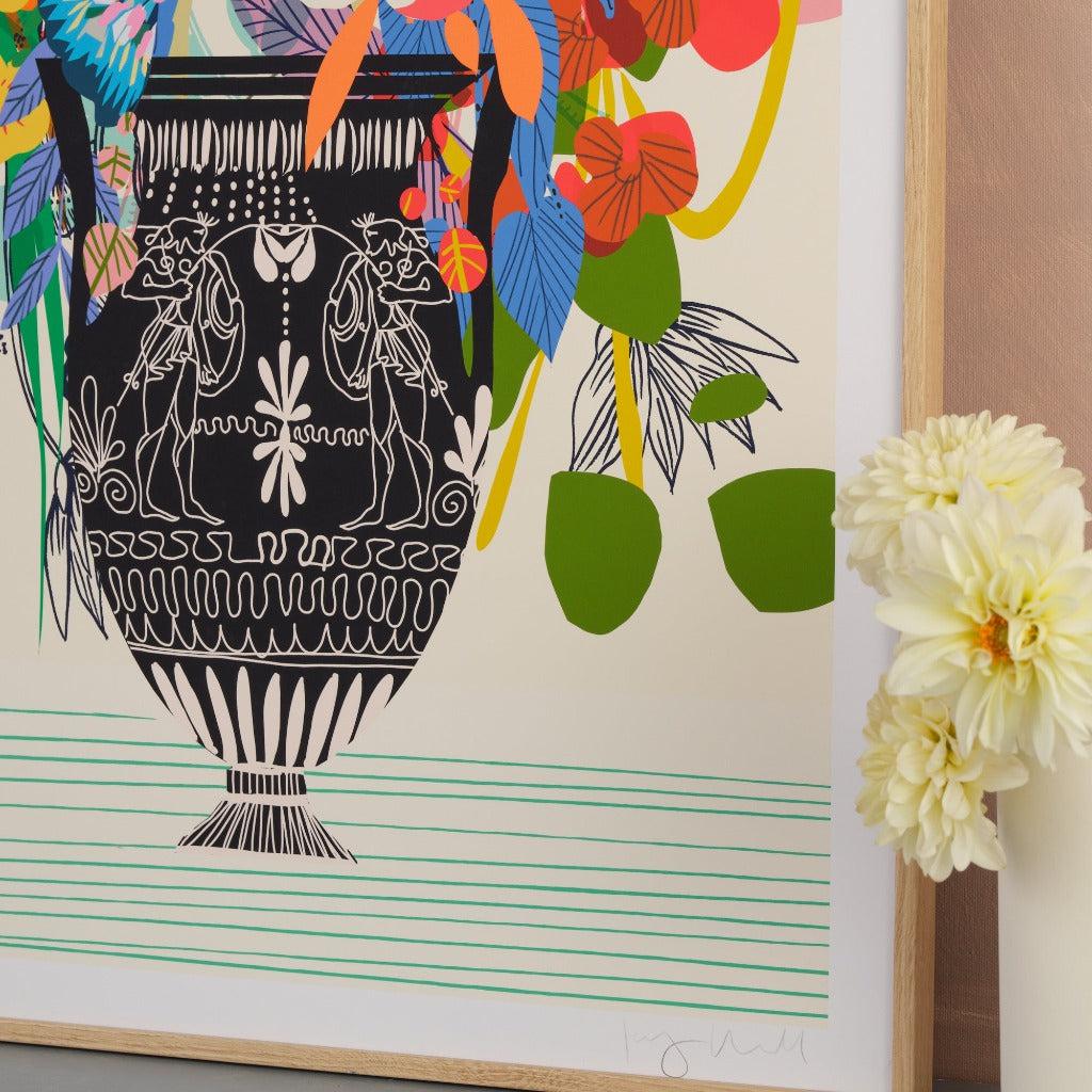 Etruscan Vase fine art giclée print by Kitty McCall, featuring a classical Etruscan-inspired vessel adorned with Catherine’s signature blooms and vibrant flora, blending ancient elegance with modern artistry for a timeless decor piece.