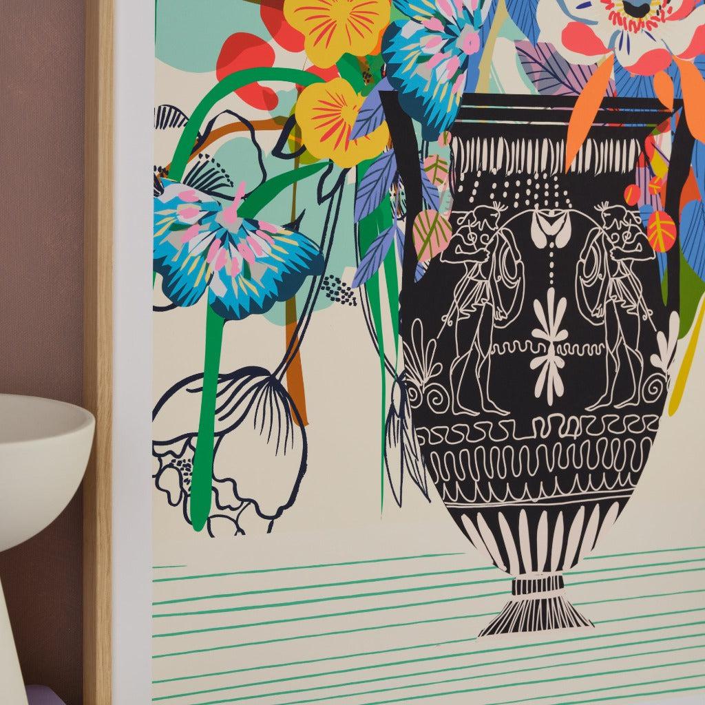 Etruscan Vase fine art giclée print by Kitty McCall, featuring a classical Etruscan-inspired vessel adorned with Catherine’s signature blooms and vibrant flora, blending ancient elegance with modern artistry for a timeless decor piece.