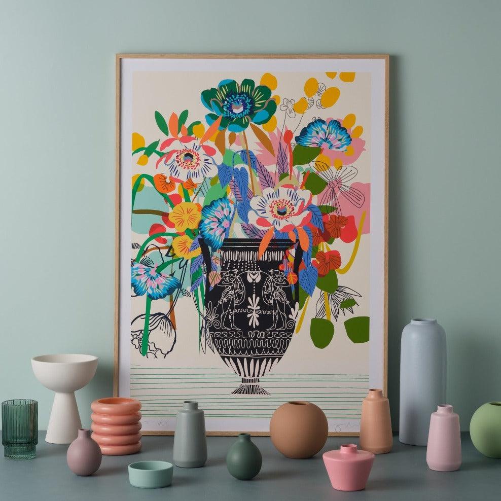 Etruscan Vase fine art giclée print by Kitty McCall, featuring a classical Etruscan-inspired vessel adorned with Catherine’s signature blooms and vibrant flora, blending ancient elegance with modern artistry for a timeless decor piece.