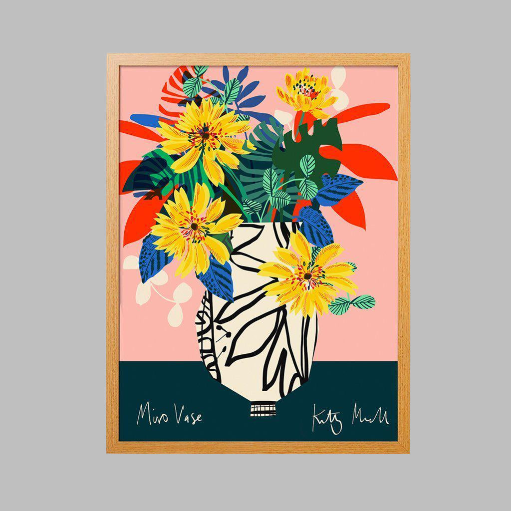 Miro Vase fine art giclée print by Kitty McCall, featuring a monochrome vase with a bold modern design and vibrant yellow flowers, inspired by the whimsical and bold style of Joan Miró, perfect for contemporary home decor.