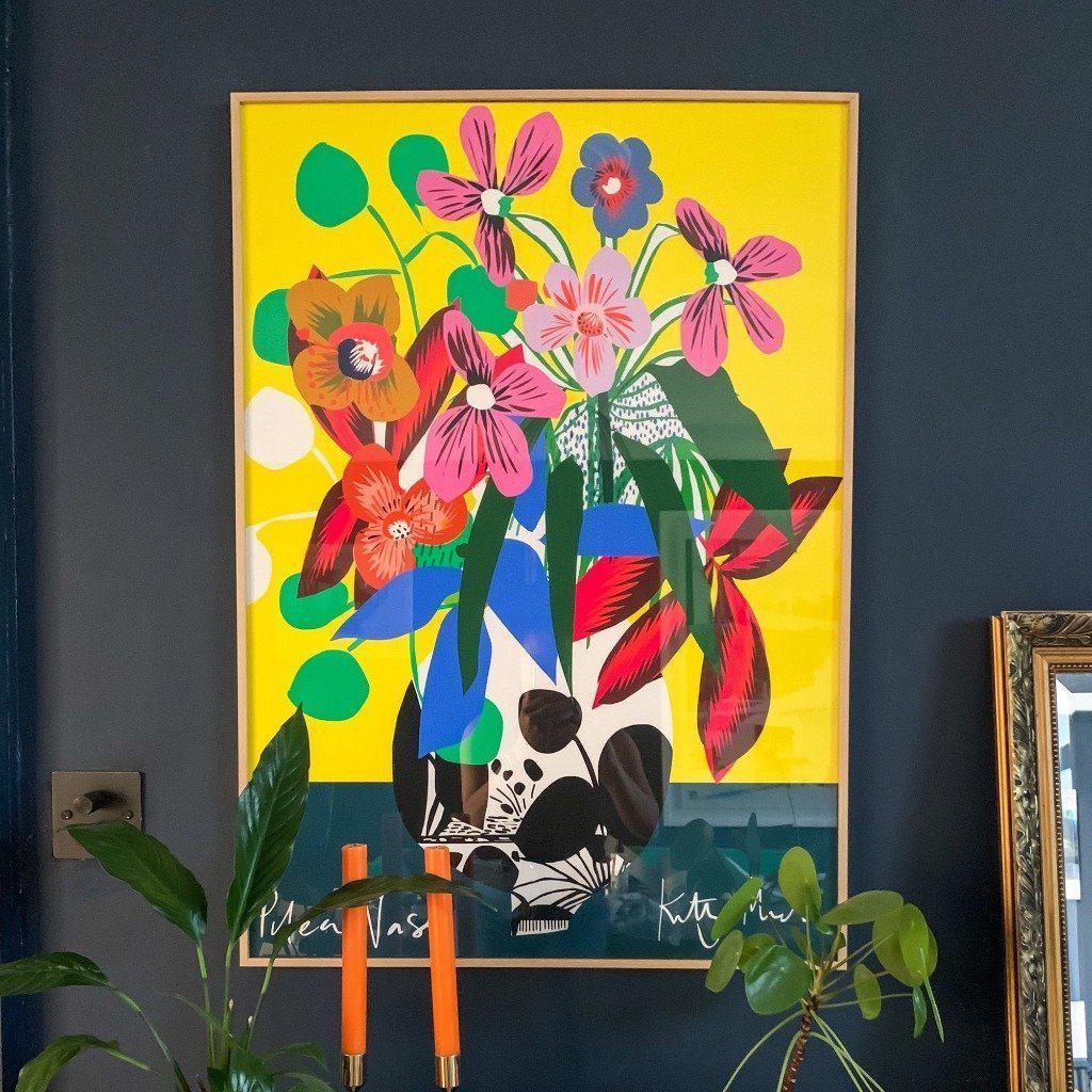 Pilea Vase fine art giclée print by Kitty McCall, showcasing a vibrant abstract design with bold geometric shapes and lively green hues inspired by the pilea plant, perfect for enhancing modern home interiors.