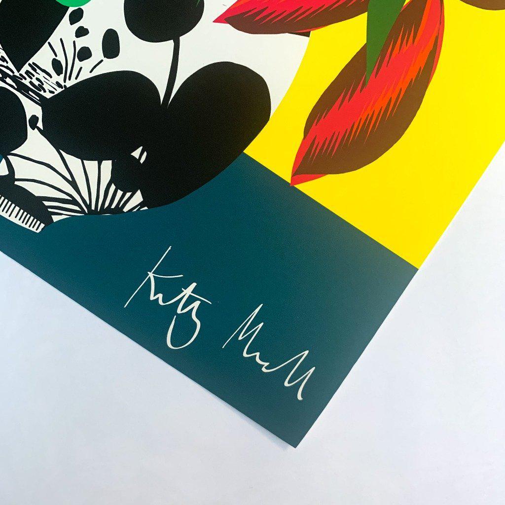 Pilea Vase fine art giclée print by Kitty McCall, showcasing a vibrant abstract design with bold geometric shapes and lively green hues inspired by the pilea plant, perfect for enhancing modern home interiors.