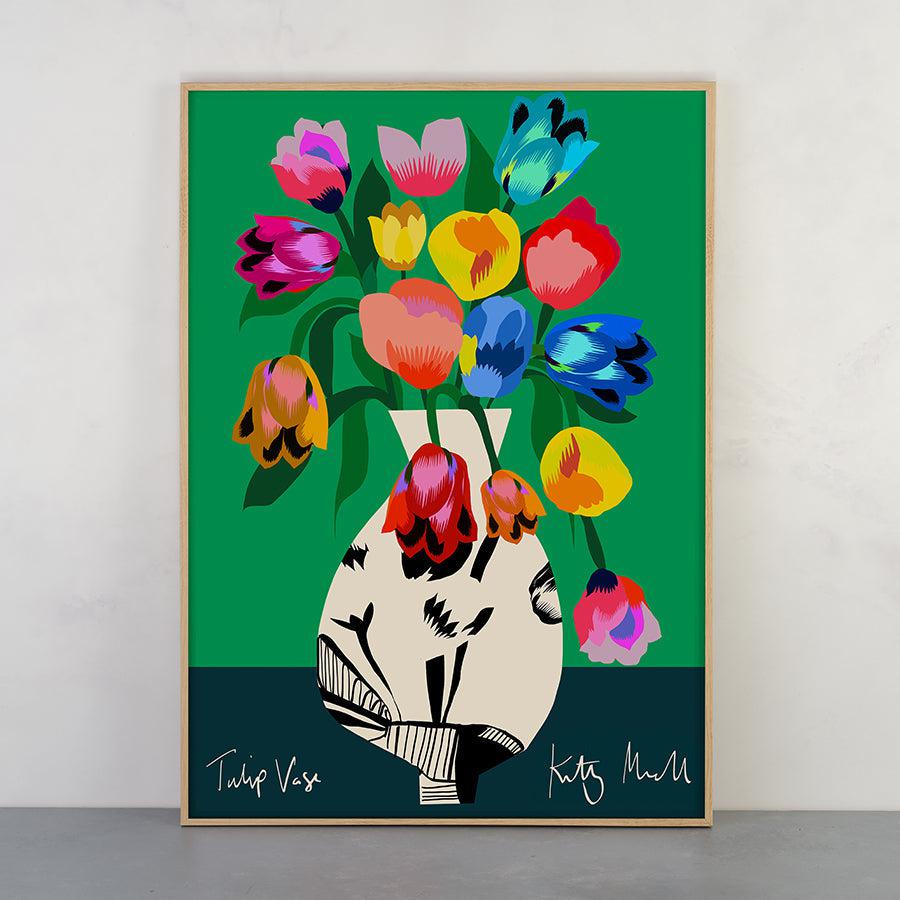 Tulip vase fine art giclée print featuring a colorful abstract design with bold shapes and vibrant hues, created by Kitty McCall, perfect for adding a modern artistic touch to any home decor.