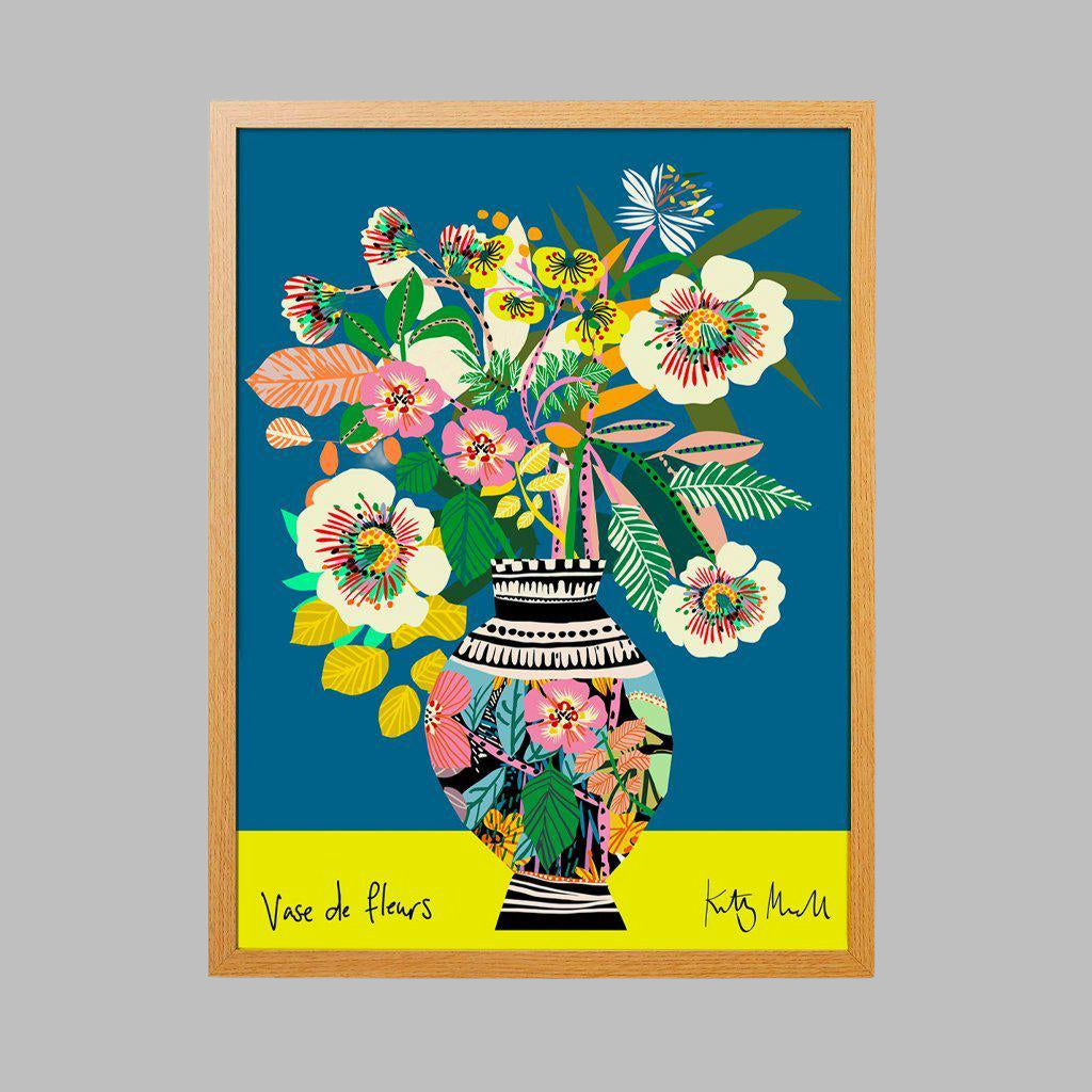 Vase de Fleurs fine art giclée print by Kitty McCall, featuring an intricately patterned vase overflowing with vibrant blooms and lush greenery, designed to bring elegance and a touch of nature to modern home decor.