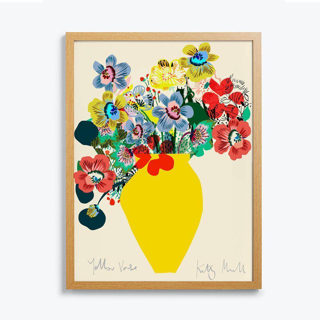 Yellow Vase fine art giclée print by Kitty McCall, featuring a bold sunshine-yellow vase with vibrant floral designs, perfect for adding a cheerful pop of colour and warmth to modern home decor.